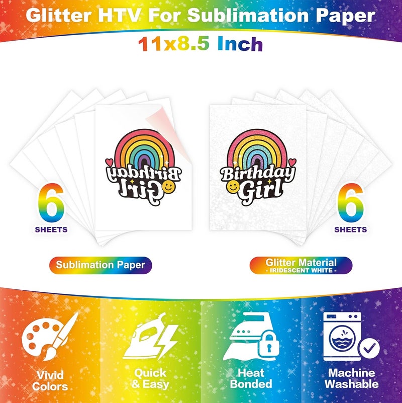 HTVJOYDO 12 Pcs Combo Sublimable White Glitter HTV Heat Transfer Vinyl & Printable Sublimation Paper, 6 Sheets Each 8.5x11, Iron-On for Light & Dark Fabrics, DIY Crafts, All-in-One Colorful Creations - Image 3